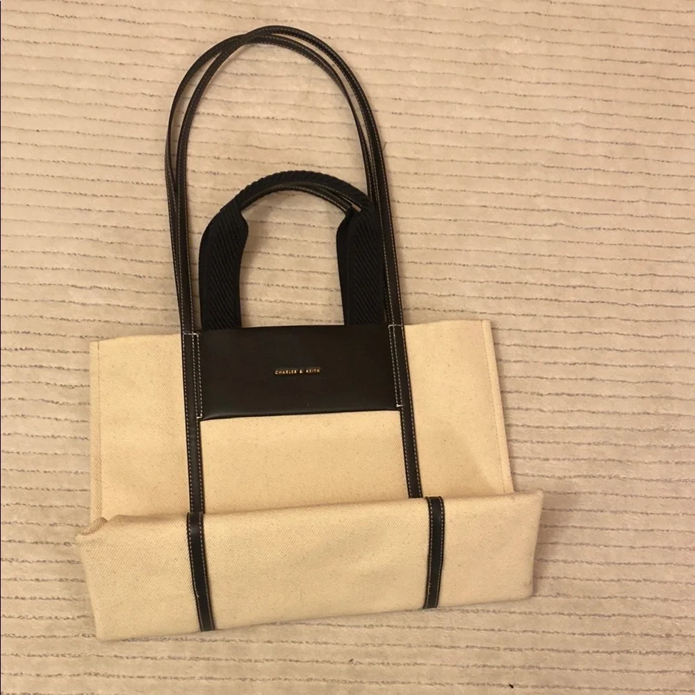 Charles & Keith Cream Canvas Tote with Black Trim